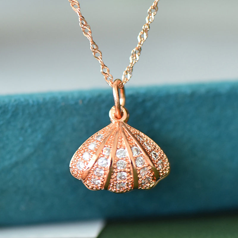 Rose Gold Shell and Hetian Jade Necklace – Featuring Zircon Accents Set Along the Shell; The Perfect Gift for Yourself or a Loved One.