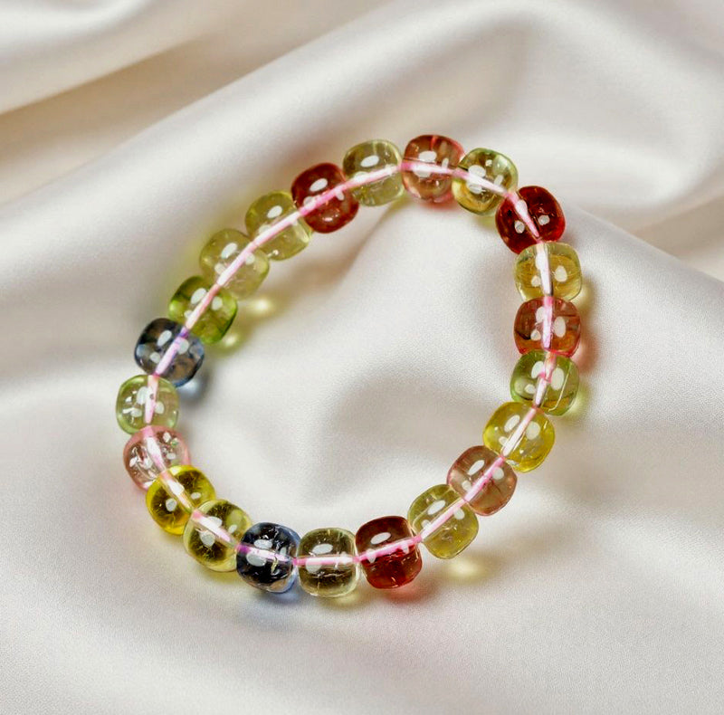 Colorful Tourmaline Elastic Bracelet with Red, Green, Blue, and Yellow Transparent Beads and Elastic Cord - Dreamy and Romantic