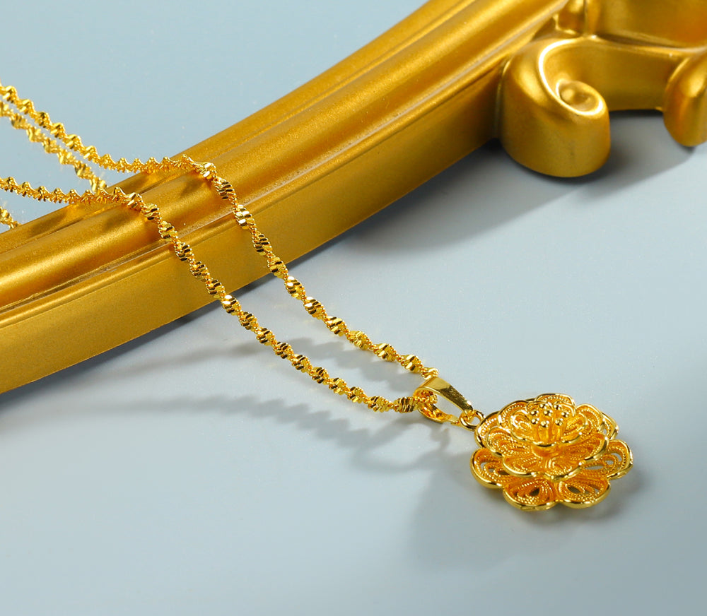 Golden Mirror Space Peony Blowing Wire Craft Necklace – Multi-layer Petal Stacked Blooming Design, Comes with an Exquisite Gift Box