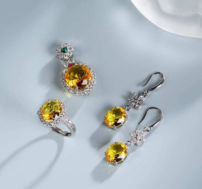 925 Silver Citrine Pendant, Round Ring, 3-Piece Earrings Set, Best Jewellery Gift for Mum and Wife, Comes in a Wonderful Box