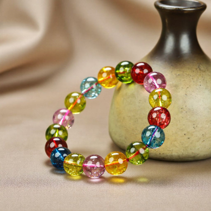 Multicolored Transparent Large Round Bead Elastic Bracelet – Red, Pink, Blue, Olive Green, Orange, Yellow, and Other Multicolored Tourmaline, Crystal Clear