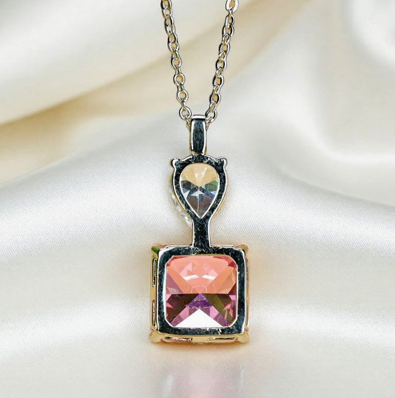 Pink square gemstone, heart-shaped zircon, silver necklace – four-prong setting for the gemstone, romantic and sweet, luxurious.