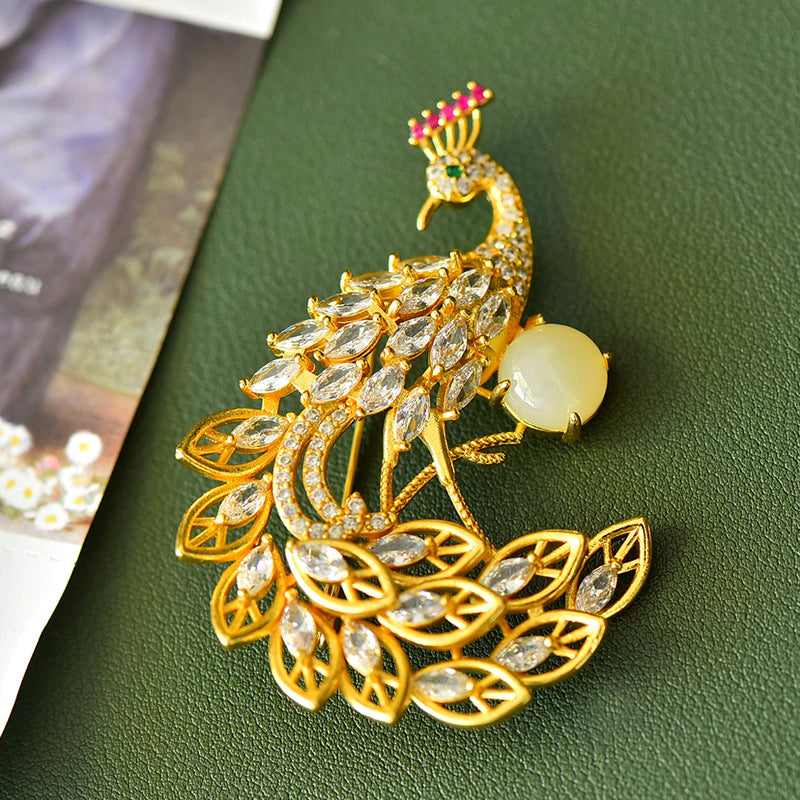 Hetian jade round bead pink and green gemstone embellished brooch – Peacock spreading its tail feathers, auspicious and luxurious brooch