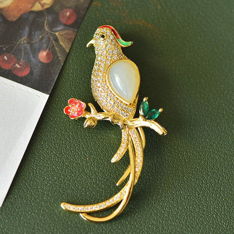 Bird and Fence Brooch in Hetian White Jade | Enamel Floral Corsage with Zircon Gold Plating and Bright, Natural Colors