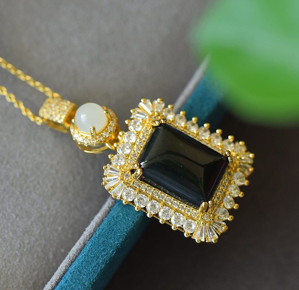 Square-cut Hetian Black Jade Pendant Necklace with Zircon Accents – Deep black, mysterious, luxurious, and elegant; comes with an exquisite gift box.