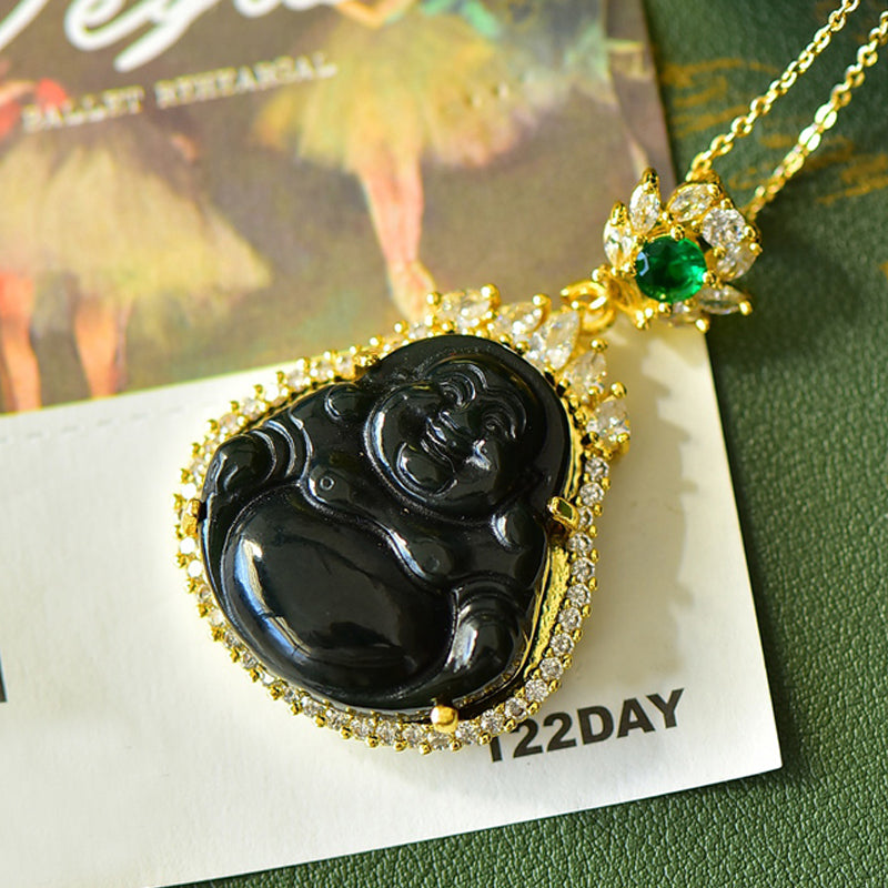 Hetian black jade Maitreya Buddha pendant necklace with gold-set zircon edges – The ever-smiling Maitreya brings peace, blessings, and good fortune.