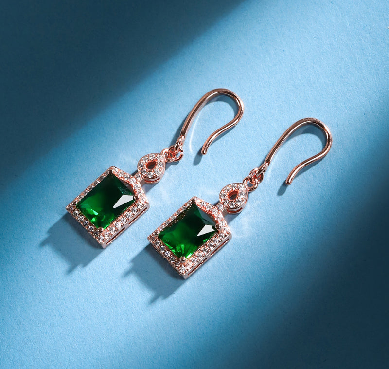Rose Gold Emerald Square Pendant, Ring, Drop Earrings 3-Piece Set, Best Jewellery Gift for Mum and Wife, Comes in a Wonderful Box