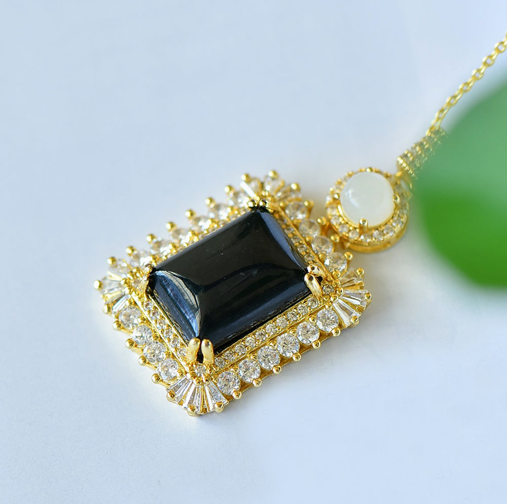 Square-cut Hetian Black Jade Pendant Necklace with Zircon Accents – Deep black, mysterious, luxurious, and elegant; comes with an exquisite gift box.