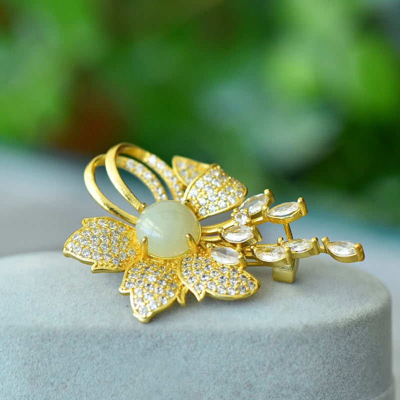 Hetian jade floral brooch | Gold-plated corsage inlaid with zircon, classic Oriental jewelry, comes in an exquisite gift box.