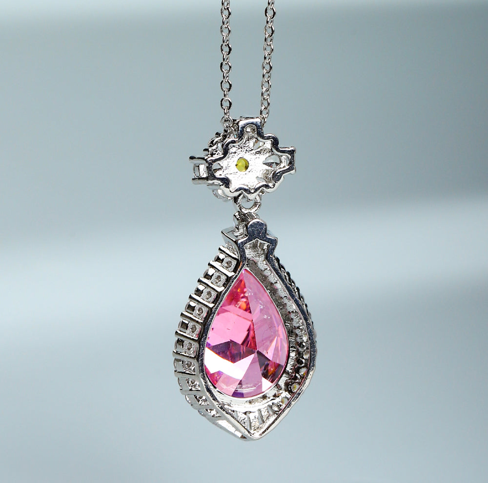 Pink Teardrop Gemstone Necklace – 925 Silver with Zircon Inlaid Floral Design, Vanadite Set Clasp, Exquisite Gift Box