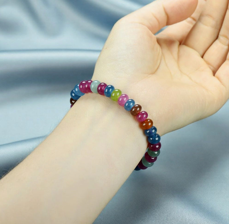 Tourmaline Colorful Candy Flat Round Bead Elastic Bracelet: Rose Red, Blue, Brown, Orange, Green, Mint - A Lively Mix of Colors