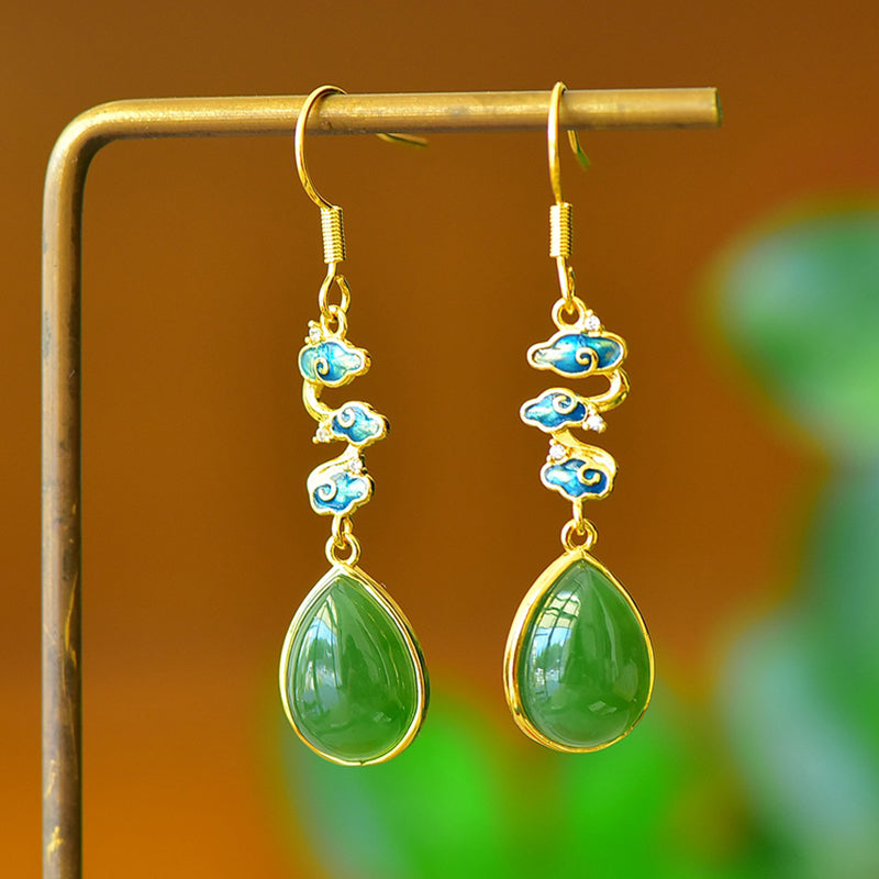 A pair of Hetian jade teardrop enamel auspicious cloud earrings – Classic Chinese style, elegant and lively, bringing good fortune and happiness.