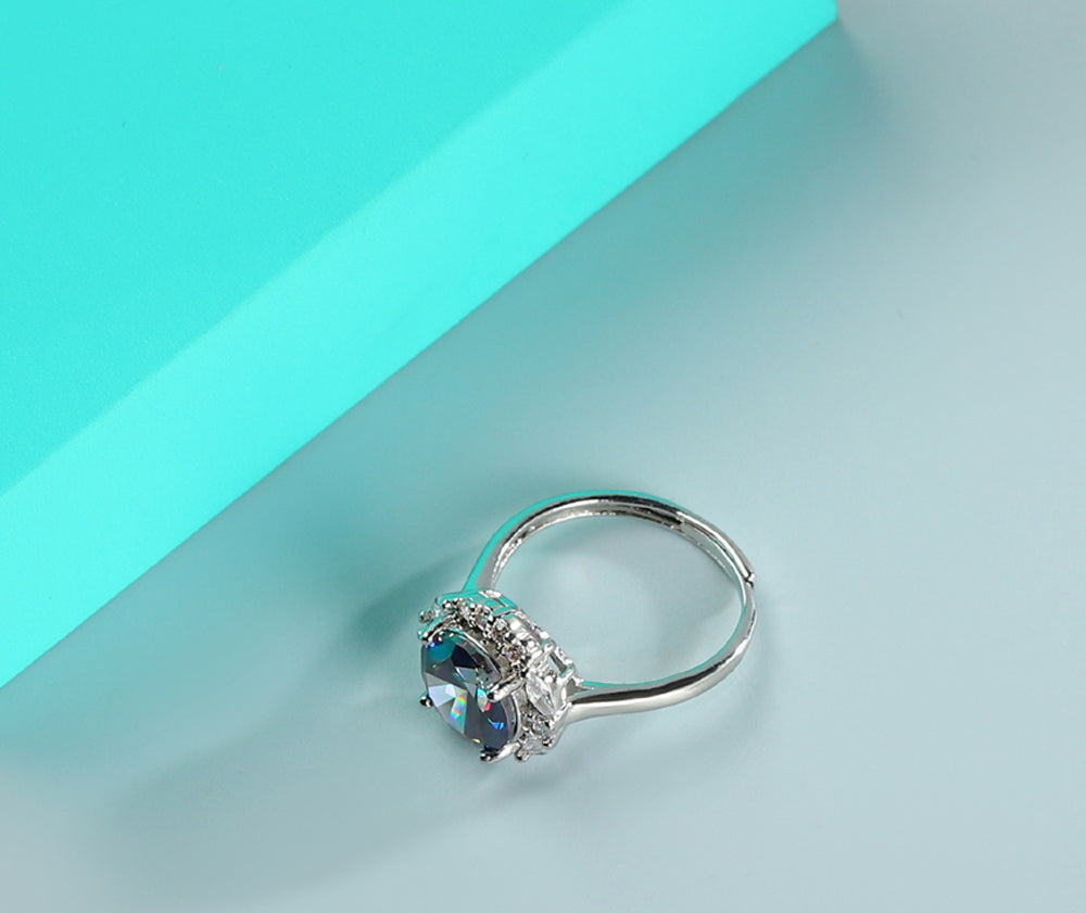 Iridescent Round Gemstone Open Silver Ring – Rainbow Refraction & Zircon Inlay – Adjustable Band – Includes Exquisite Gift Box