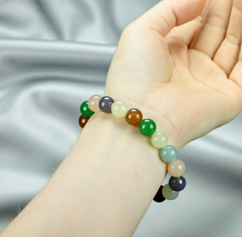 Multicolored natural jade beads, large round beads, mixed elastic bracelet, emerald green, mint white, milky white, gray, blue, brown, tiger eye, five colors strung together.