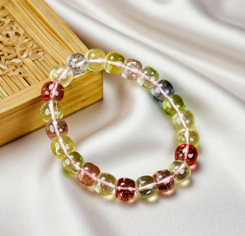 Colorful Tourmaline Elastic Bracelet with Red, Green, Blue, and Yellow Transparent Beads and Elastic Cord - Dreamy and Romantic