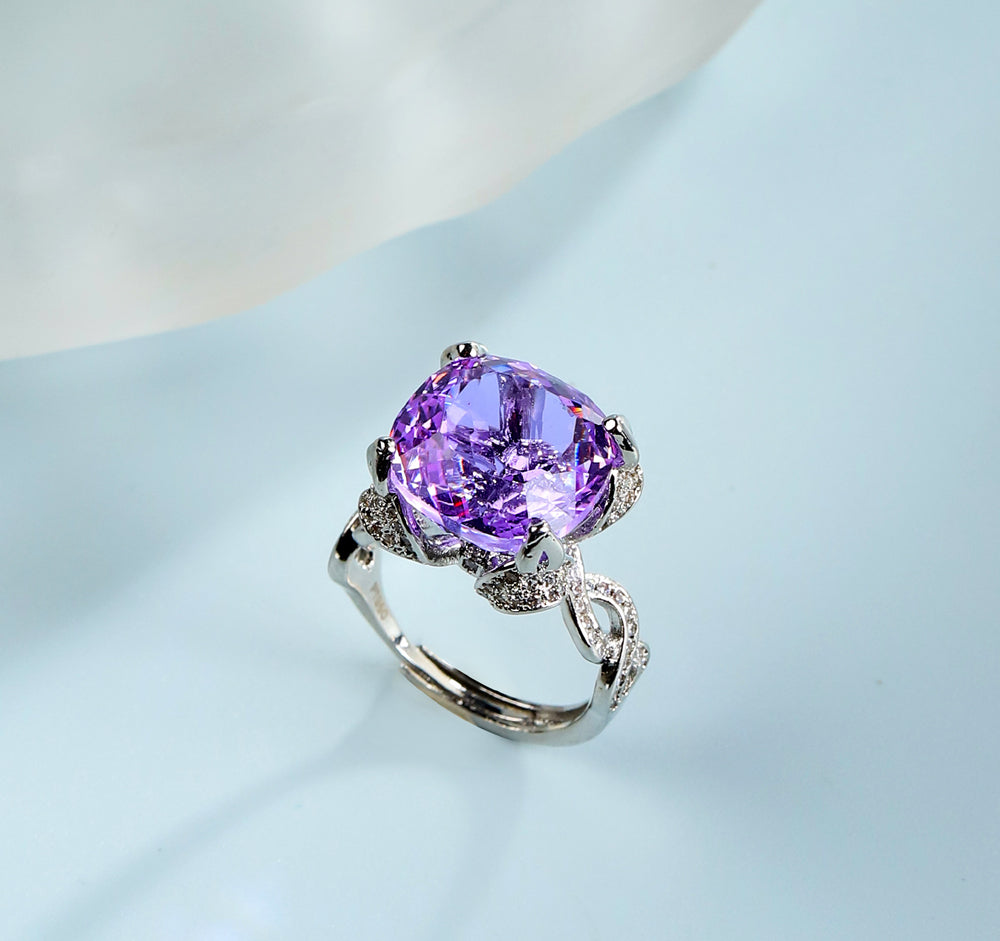 Amethyst large round gemstone vine ring, silver openwork vine band, embellished with white zircon, comes in an exquisite gift box.