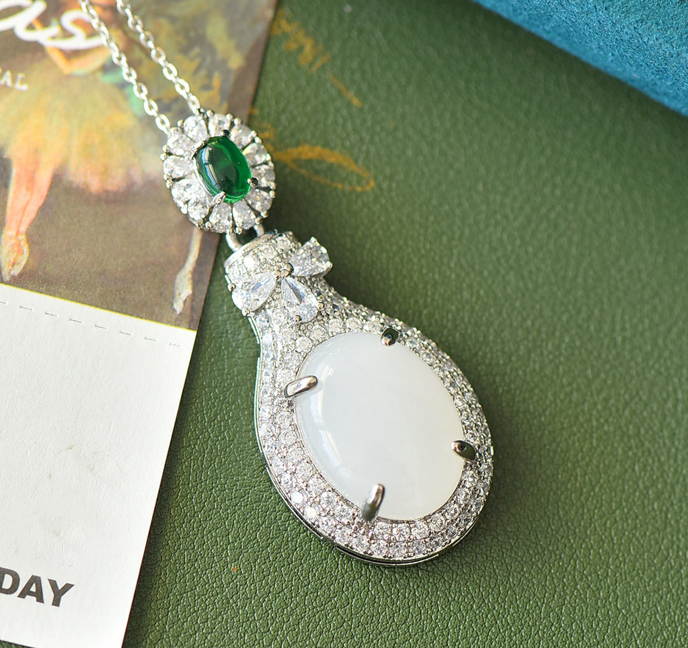 Hetian jade silver teardrop-shaped pendant necklace – double-layered zircon embellishments, elegant and luxurious Comes with an exquisite gift box