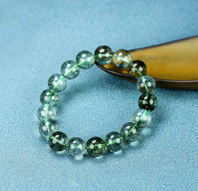 Green Phantom Quartz Natural Crystal Elastic Bracelet, Cloud-like Inclusions, Attracting Wealth and Good Fortune, Mysterious and Dreamy