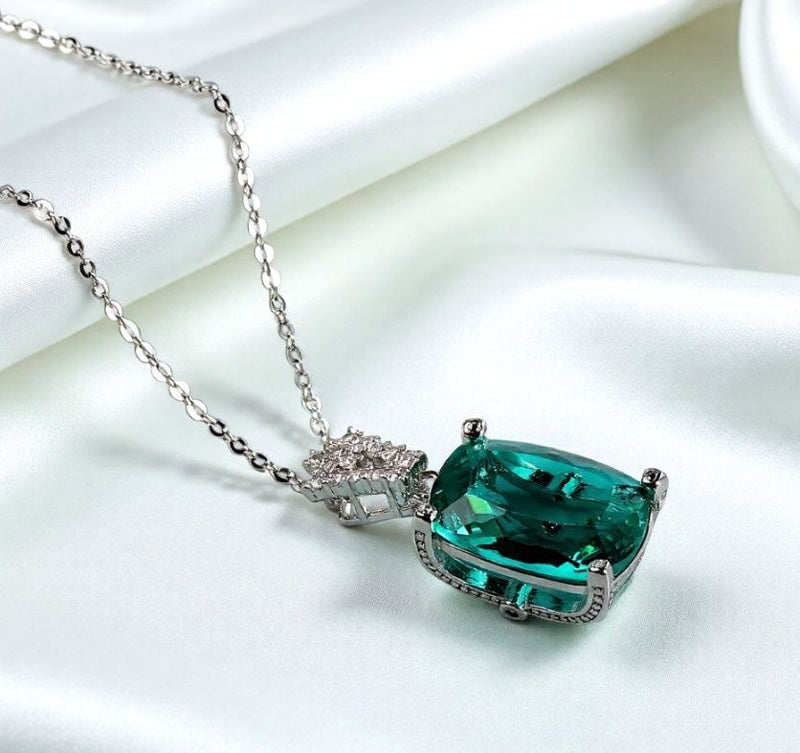 Emerald Cushion Cut Pendant - Set in 925 Sterling Silver