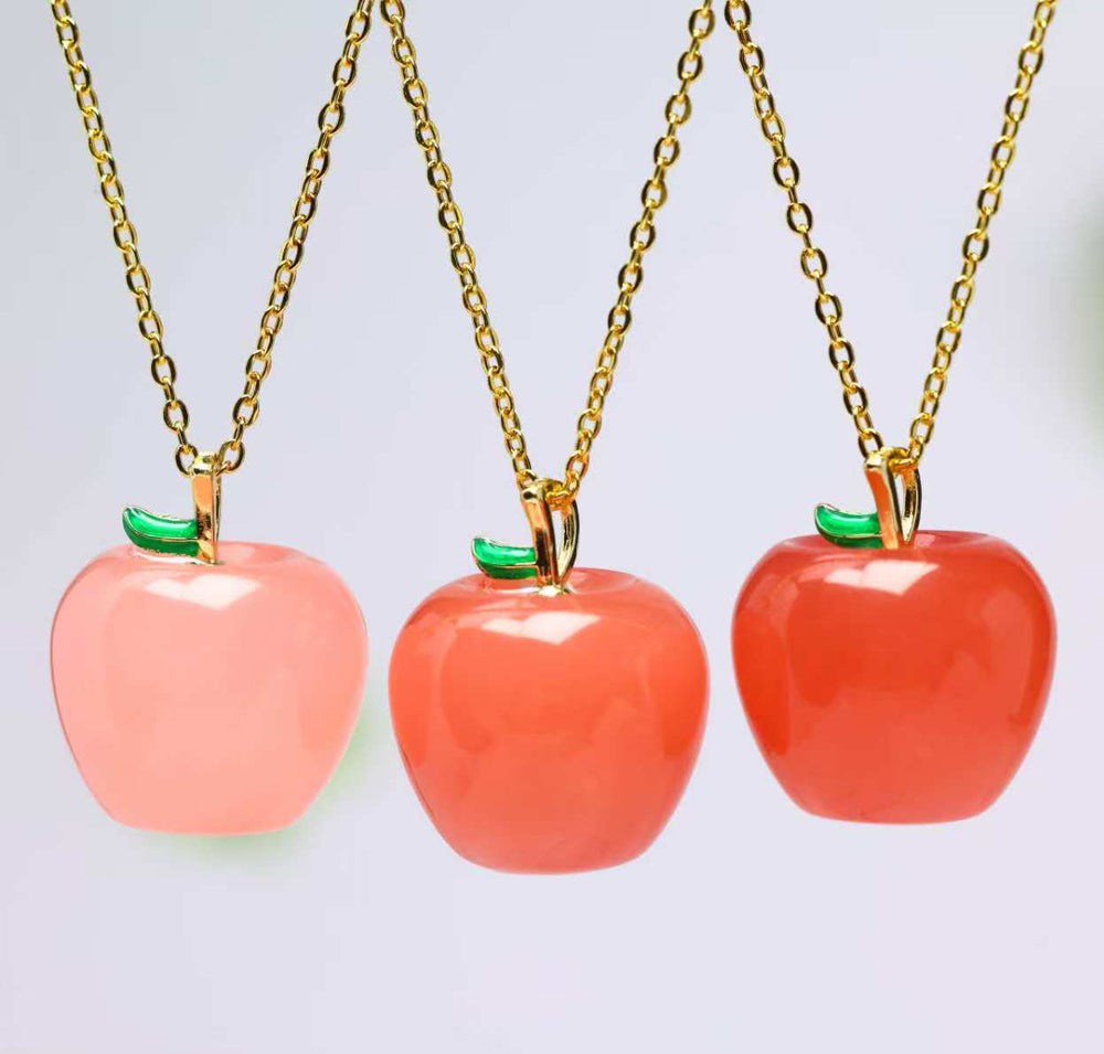Red Agate Apple Pendant Necklace with Emerald-Green Leaf Clasp – Finely carved apple design symbolizing peace, safety, and a flourishing, vibrant life.