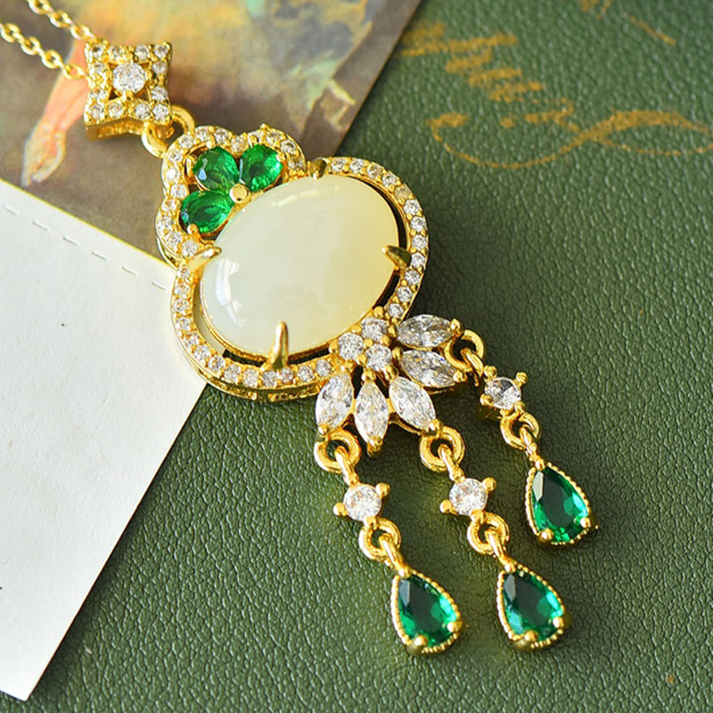 Hetian Jade and Emerald Pendant Necklace with Gold Floral Caps and Triple-Strand Tassels – Luxurious, Flowing, and Lively Tassel Design  Exquisite gift box