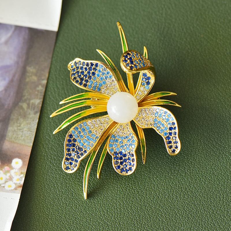 Blue gradient orchid brooch made of Hetian white jade | Full-coverage zircon enamel gold-plated orchid corsage  Exquisite gift box