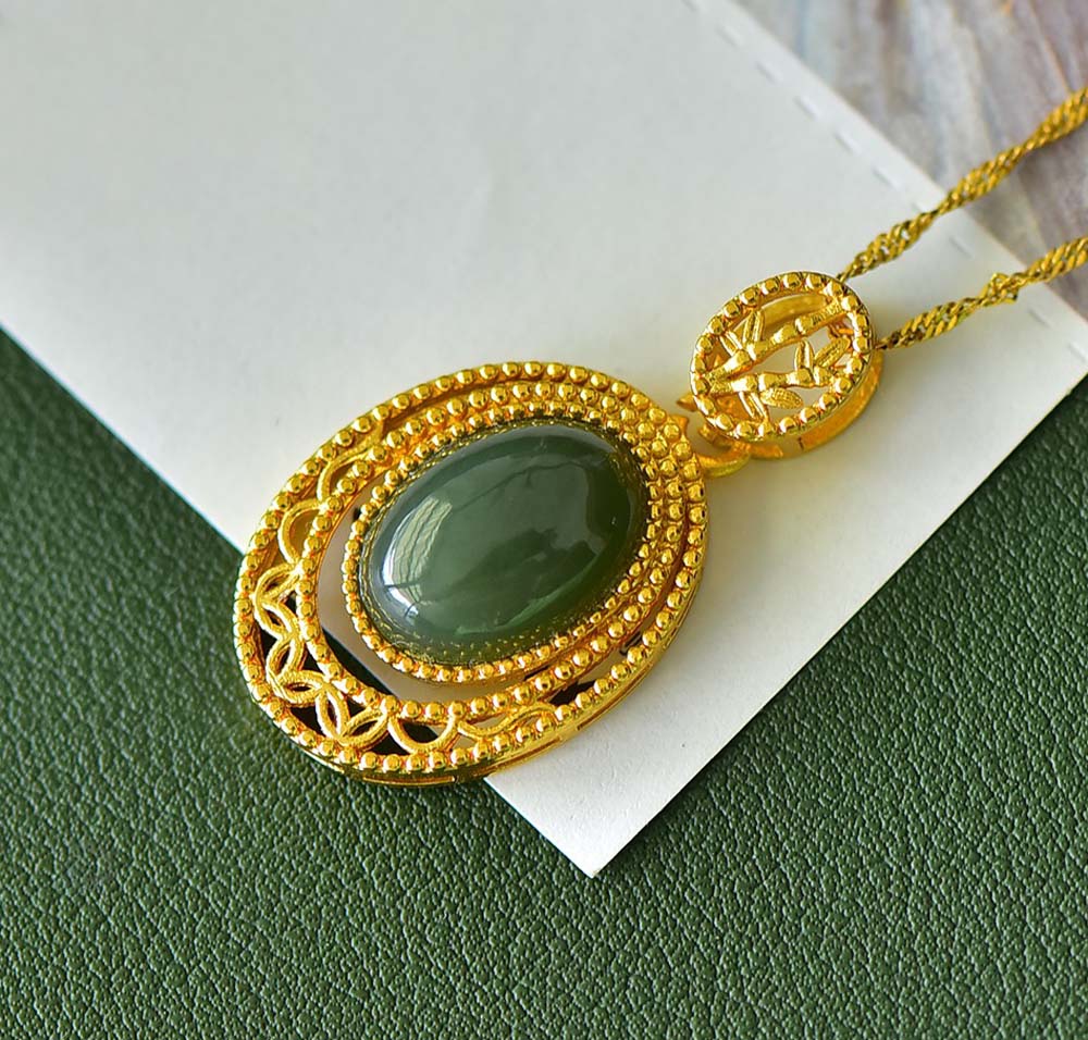 Dark Green Jade Origin Mountain Gold Necklace | Golden Hollow Mirror Frame Classical Wire Blowing CraftComes with a gold ribbed chain and gift box