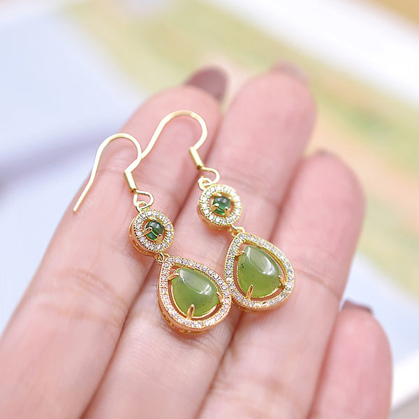 Pair of Hetan Spinach-Green Jade Teardrop Earrings – Featuring plump, vibrant jade stones; elegant, sophisticated, and rich in depth.