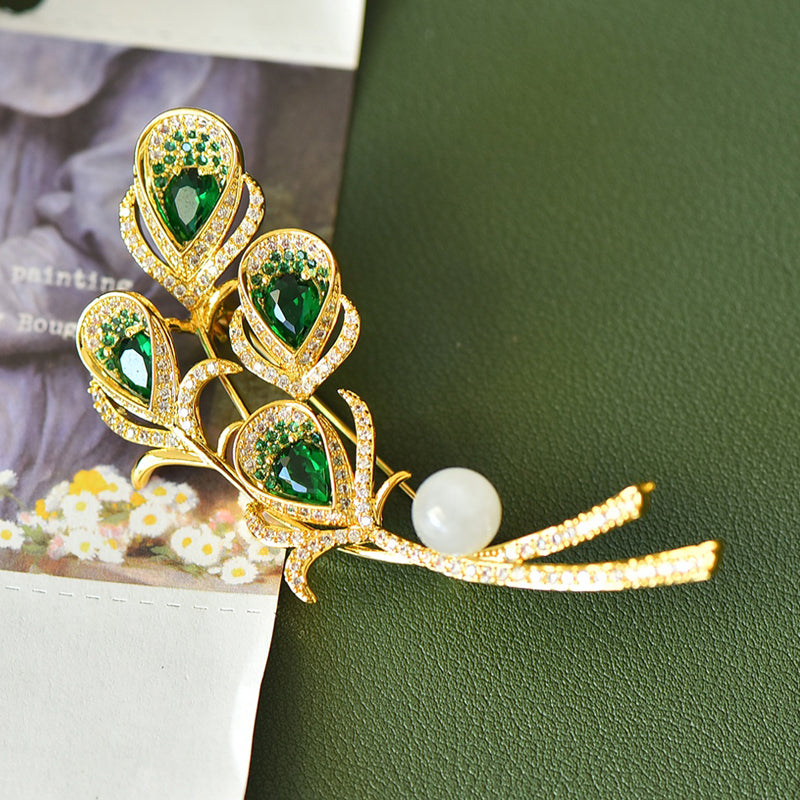 Emerald Phoenix Feather Brooch | Zircon-Inlaid Hetian White Jade Gilded Peacock Corsage: Exuding Nobility and Luxury
