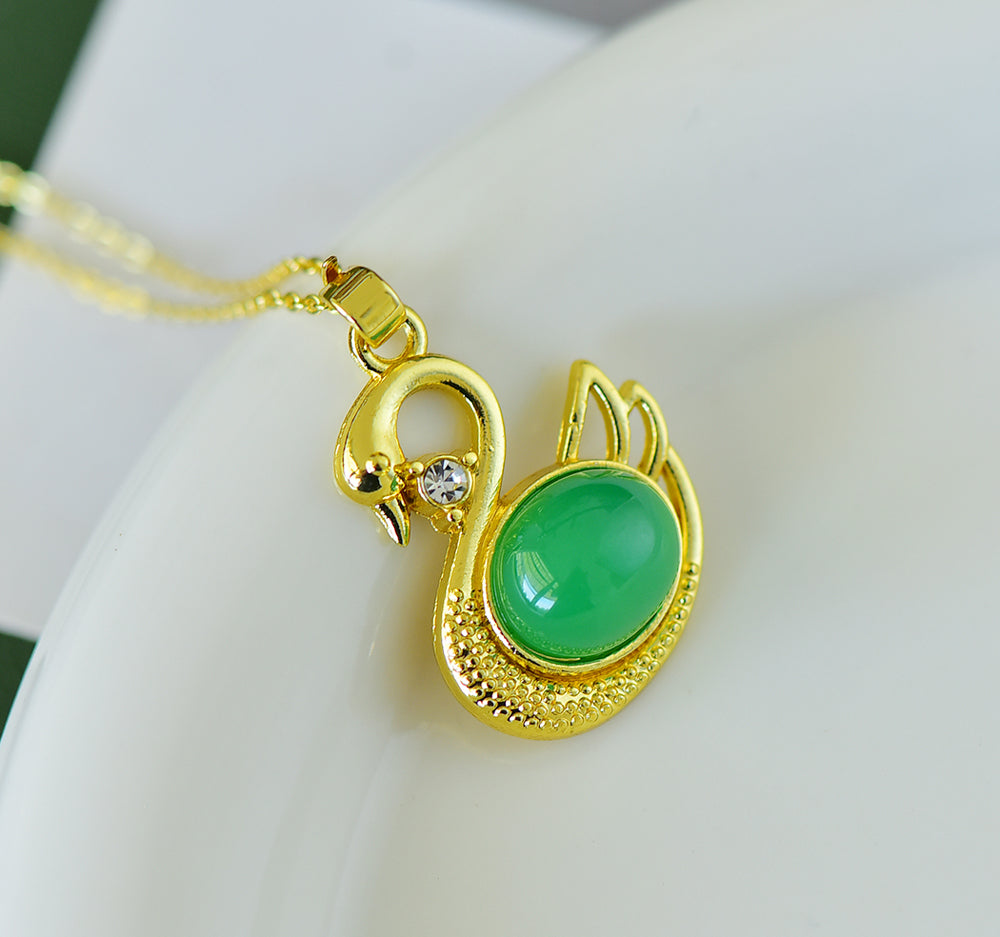 Emerald Jade Necklace in Swan Design – Gold Swan Inlaid with Emerald Jade Accented with White Vanadium, Ideal for Anniversaries and Gifting