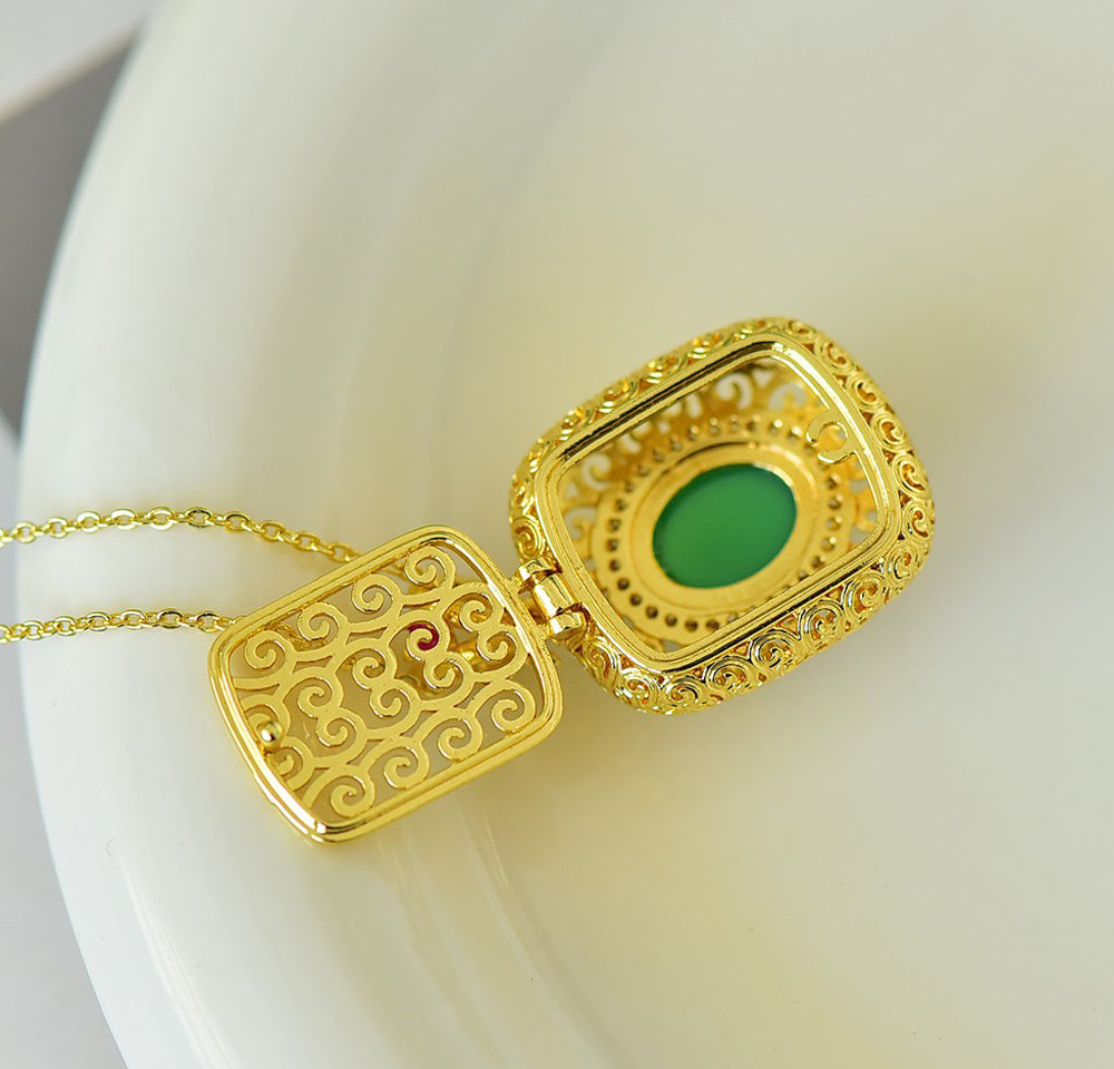 Emerald green chalcedony with gold openwork scroll pattern and square pink gemstone clasp - bright emerald green, magnificent and elegant.