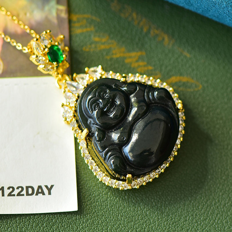 Hetian black jade Maitreya Buddha pendant necklace with gold-set zircon edges – The ever-smiling Maitreya brings peace, blessings, and good fortune.
