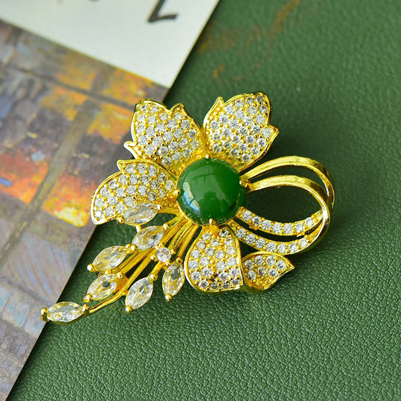 Jadeite Heart Butterfly Flower Brooch | Fully Inlaid Zircon Gold-Plated Tassel Brooch with Exquisite Inlay  Exquisite Gift Box