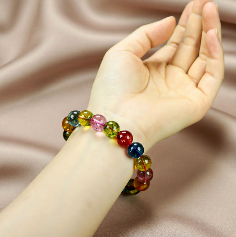 Multicolored Transparent Large Round Bead Elastic Bracelet – Red, Pink, Blue, Olive Green, Orange, Yellow, and Other Multicolored Tourmaline, Crystal Clear