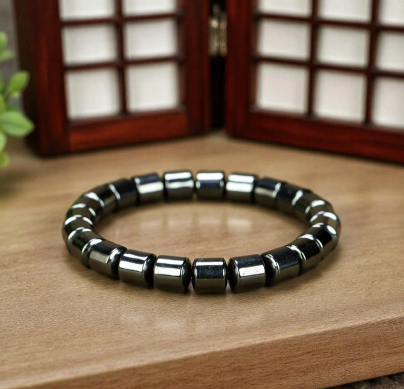 Black Terahertz Barrel Bead Elastic Bracelet – Natural metallic luster, magnetic therapy, health benefits, simple and rugged, suitable for both men and women.
