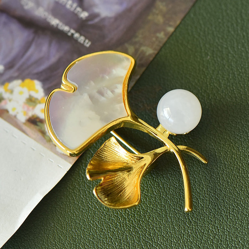 Ginkgo Leaf and Fritillaria Brooch | Natural Hetian White Jade Bead Gilded Ginkgo Corsage - Perfect Gift for Relatives and Friends