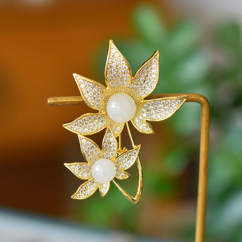 Double Flower Hetian White Jade Brooch | Zircon Inlaid Gold-Plated Lily Corsage Brooch - Suitable for Everyday Wear