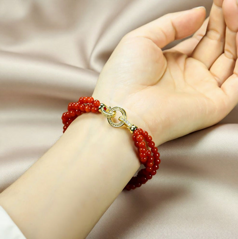 Natural red agate small round bead three-row bracelet – gold ring clasp for auspiciousness, good fortune, and protection from evil.