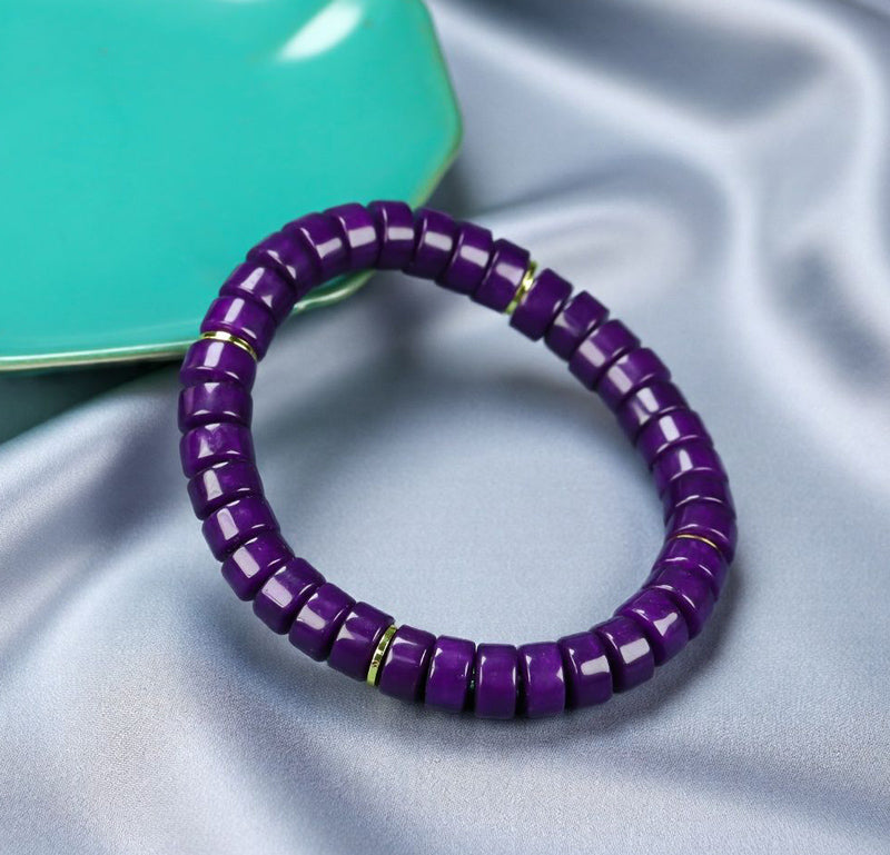 Deep purple Sugilite tablet-shaped bead and gold spacer ring stretch bracelet—exuding a profound, rich, noble, and mysterious aura.