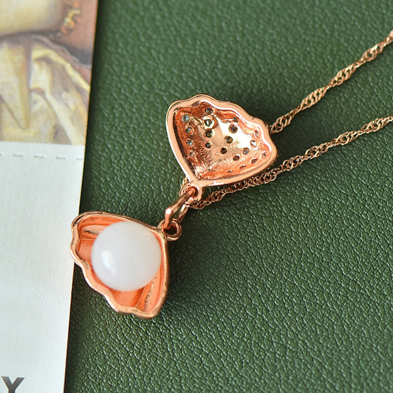 Rose Gold Shell and Hetian Jade Necklace – Featuring Zircon Accents Set Along the Shell; The Perfect Gift for Yourself or a Loved One.