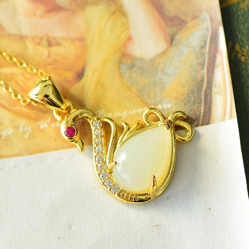 18K Gold Swan Necklace with Hetian Jade, Ruby, and Zircon – Suitable for Daily Wear, Dates, and Gifting