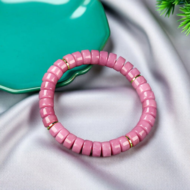 Pink Sugilite Elastic Bracelet featuring Tablet-Shaped Beads and Gold Spacer Rings—Matte Finish, Sweet Girly Style, Gentle and Romantic.