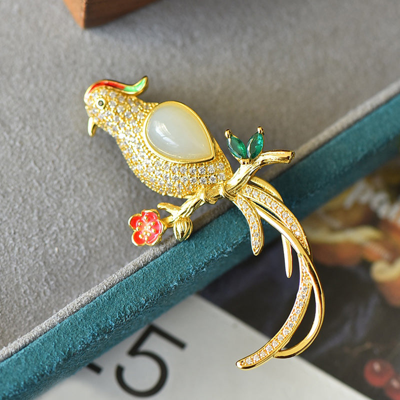 Bird and Fence Brooch in Hetian White Jade | Enamel Floral Corsage with Zircon Gold Plating and Bright, Natural Colors