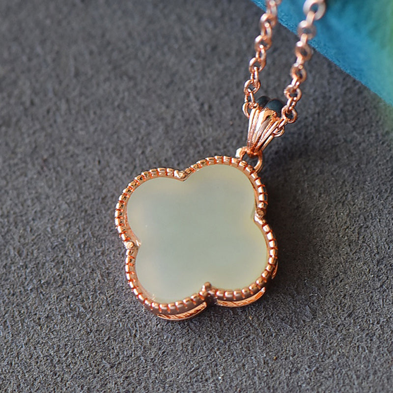 Four-leaf clover rose gold necklace, natural Hetian jade lucky clover pendant necklace, holiday gift and present for relatives and friends.