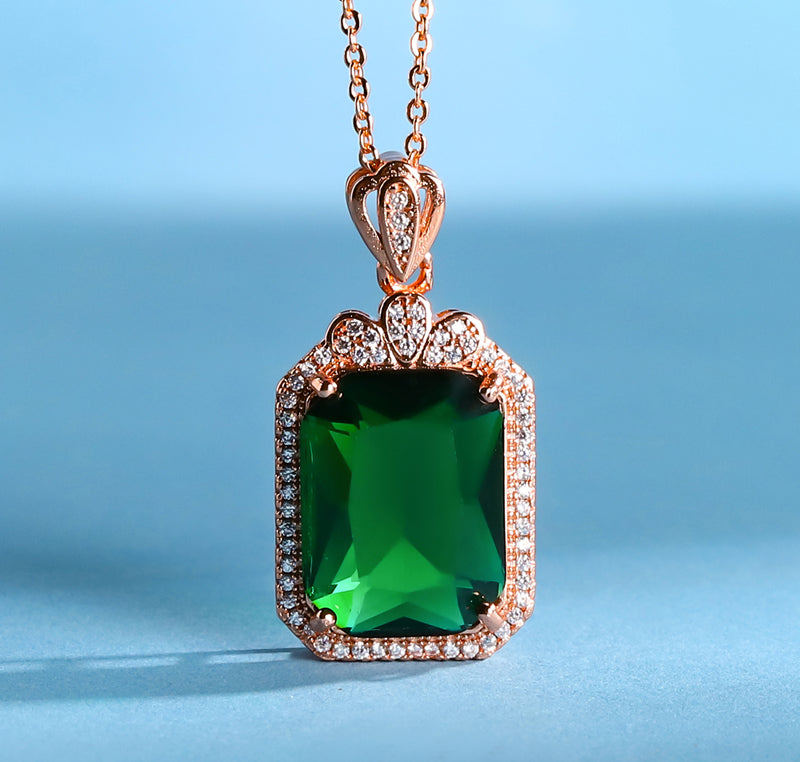Rose Gold Emerald Square Pendant, Ring, Drop Earrings 3-Piece Set, Best Jewellery Gift for Mum and Wife, Comes in a Wonderful Box