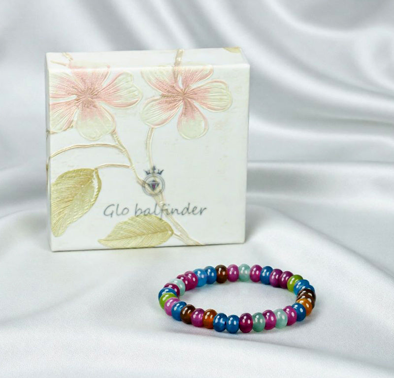 Tourmaline Colorful Candy Flat Round Bead Elastic Bracelet: Rose Red, Blue, Brown, Orange, Green, Mint - A Lively Mix of Colors