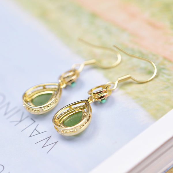 Pair of Hetan Spinach-Green Jade Teardrop Earrings – Featuring plump, vibrant jade stones; elegant, sophisticated, and rich in depth.