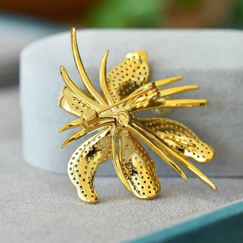 Blue gradient orchid brooch made of Hetian white jade | Full-coverage zircon enamel gold-plated orchid corsage  Exquisite gift box