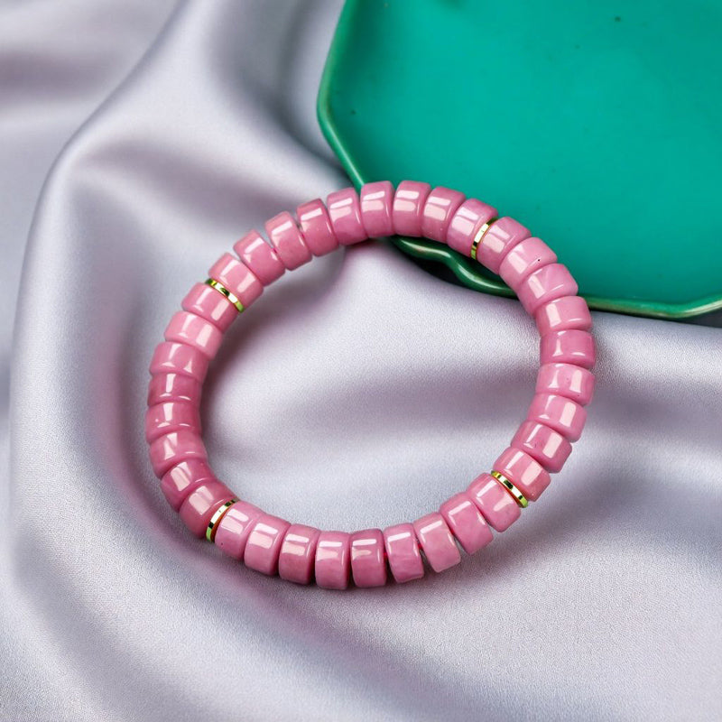 Pink Sugilite Elastic Bracelet featuring Tablet-Shaped Beads and Gold Spacer Rings—Matte Finish, Sweet Girly Style, Gentle and Romantic.