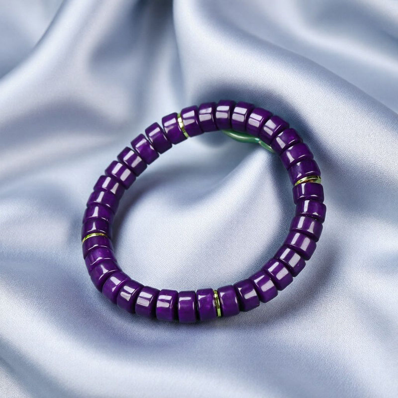 Deep purple Sugilite tablet-shaped bead and gold spacer ring stretch bracelet—exuding a profound, rich, noble, and mysterious aura.